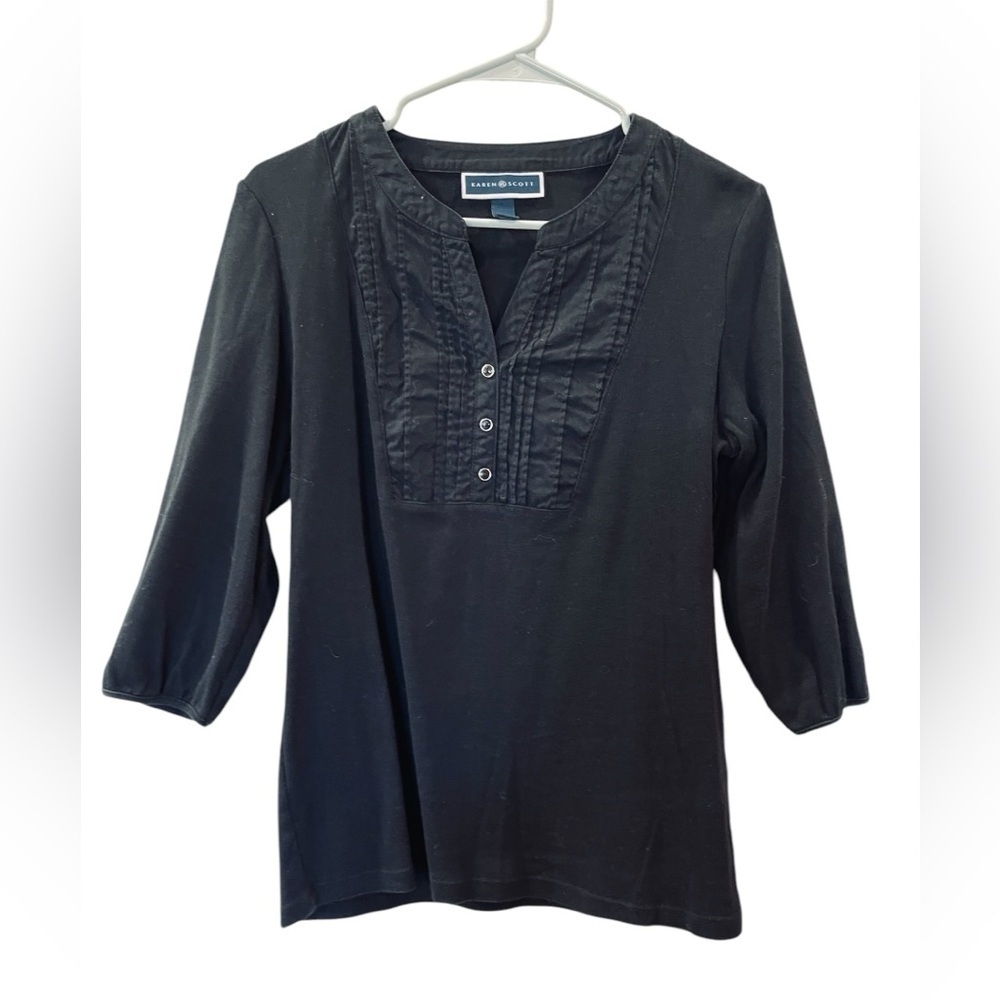 Karen Scott Women’s 3/4 Sleeve V-Neck Popover Shirt Top Black Size Medium